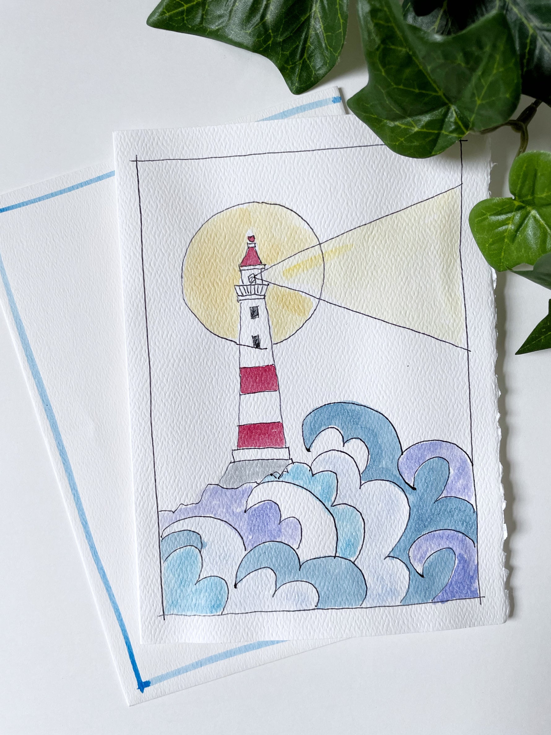 Island Lighthouse hand painted watercolor 5x7 greeting card