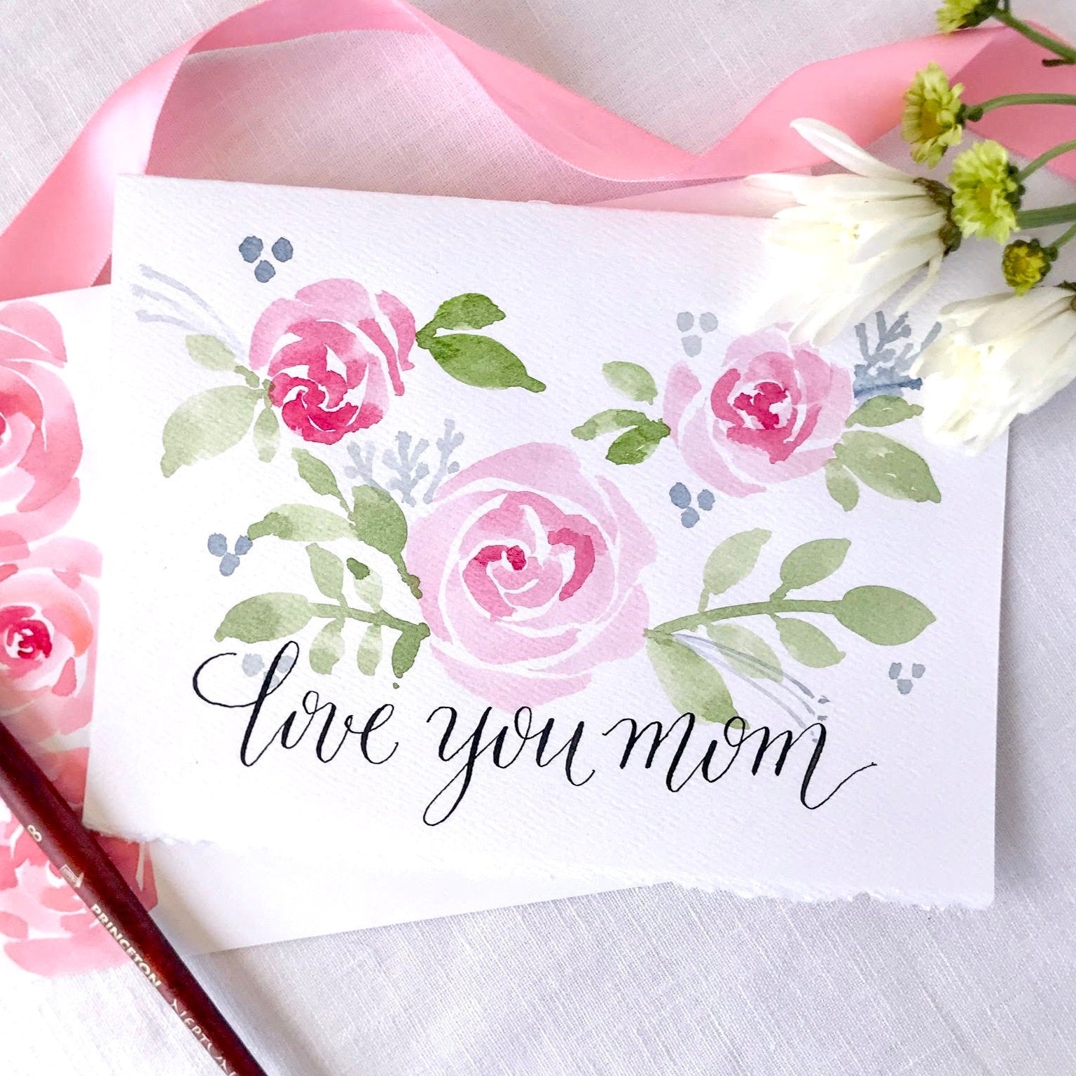 Love You Mom; Mother's Day Card; Hand painted watercolor floral card with roses and hand lettered in calligraphy