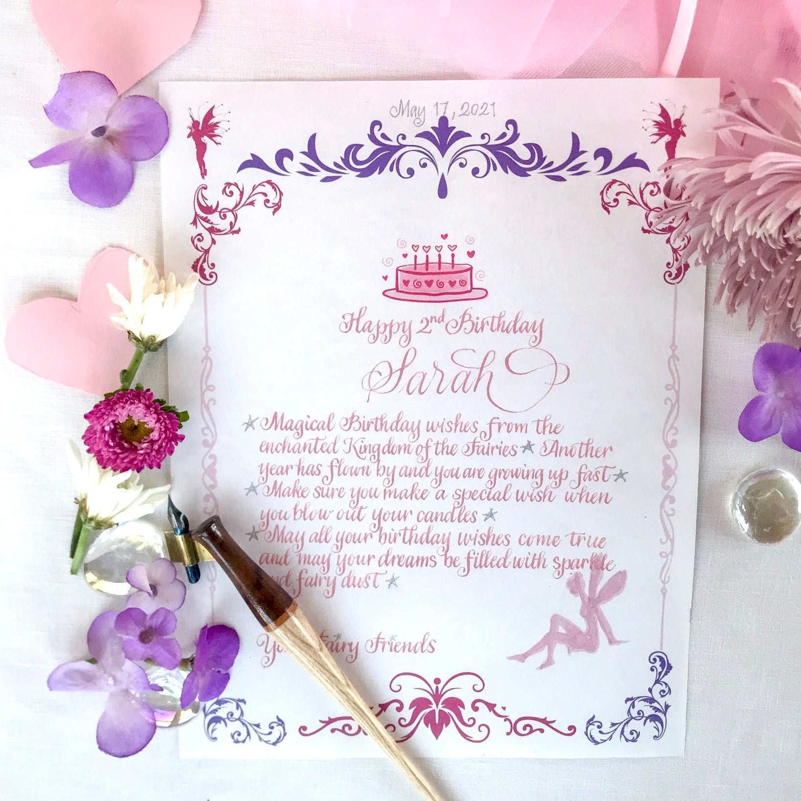 Personalized Birthday Fairy Letter in hand lettered Calligraphy