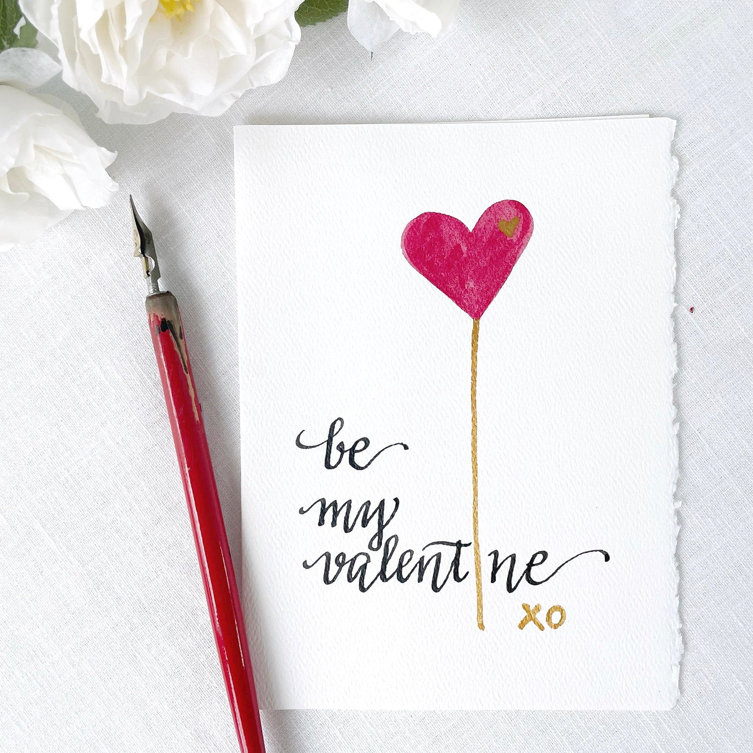 Hand painted Hand lettered Valentine Card; Be my Valentine