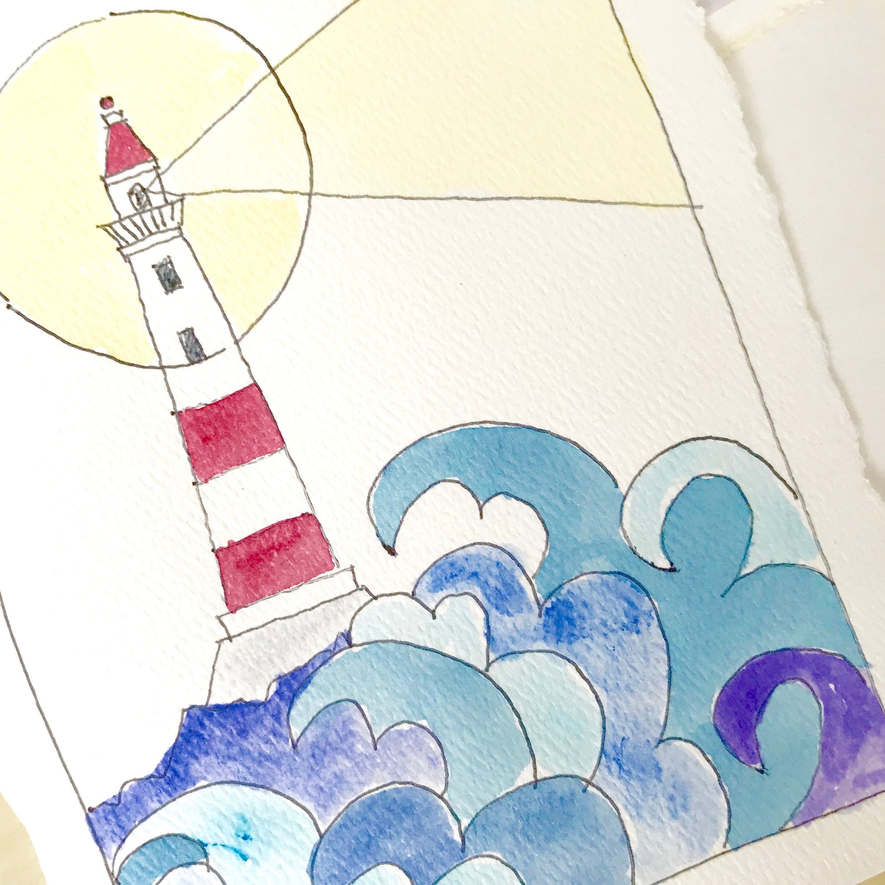 Close up detail of Lighthouse I showing the line drawing and watercolor of the waves and lighthouse