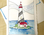 Close up details of watercolor and line drawing of island lighthouse on a deckled edge card