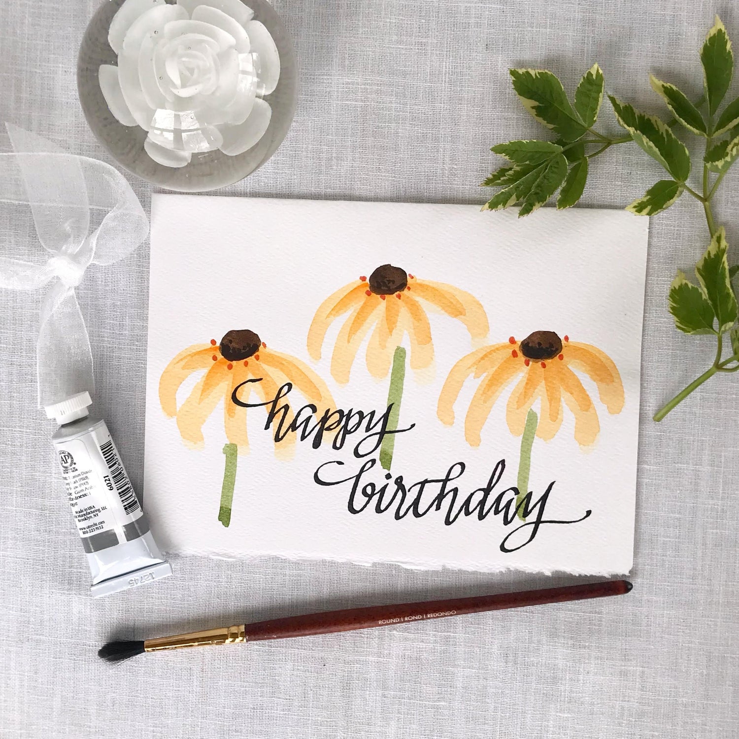 Happy Birthday; Hand Painted Floral Watercolor Card with hand lettered Calligraphy