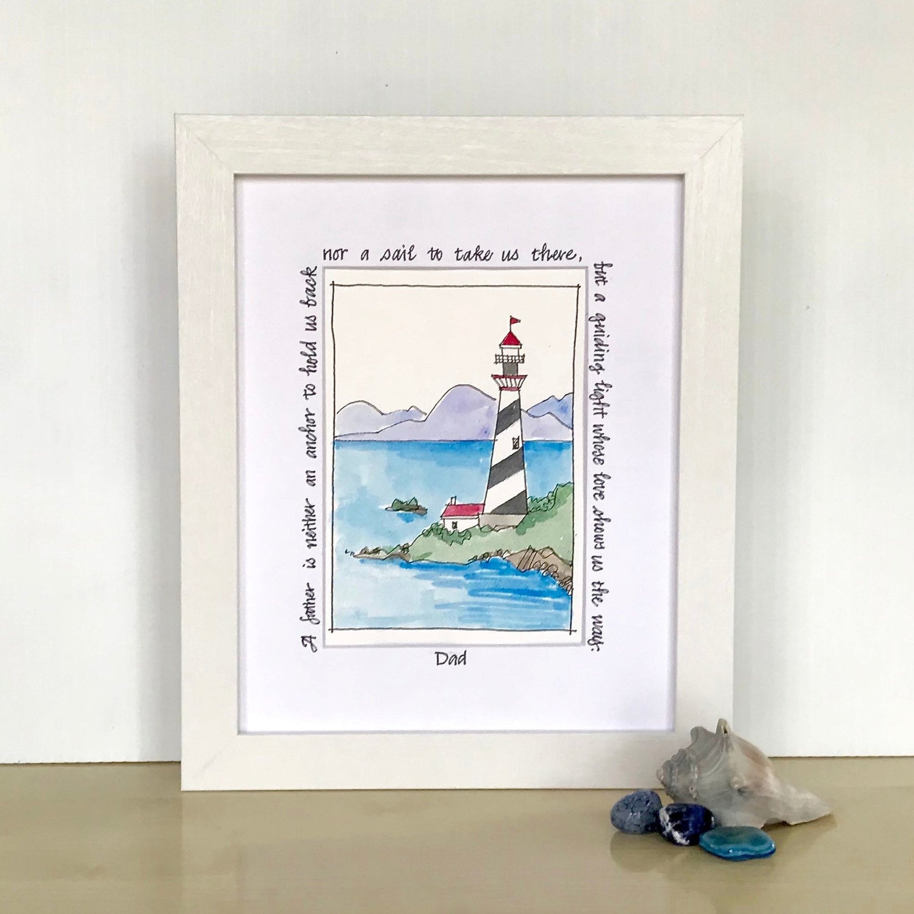 Hand Painted watercolor of a Light House on a rocky shore and mountains