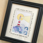 Hand painted watercolor of a light house with a beacon of light in the rough seas