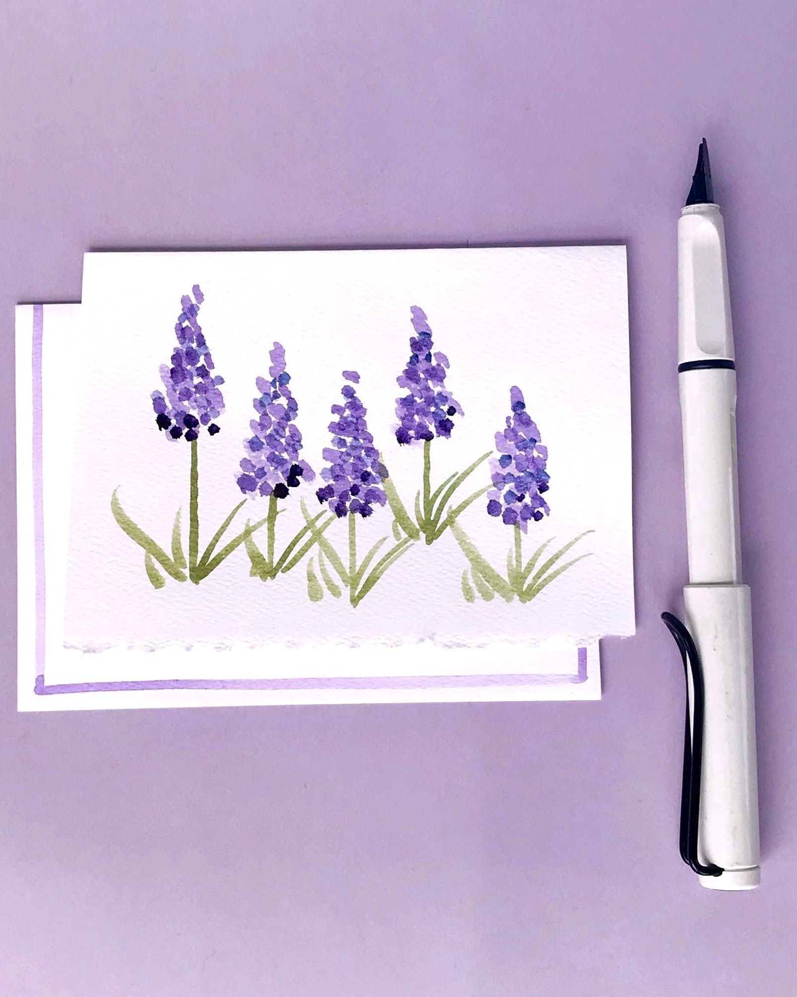 Hand painted watercolor Floral Cards Personalized; Muscari; Purple Spring Flowers