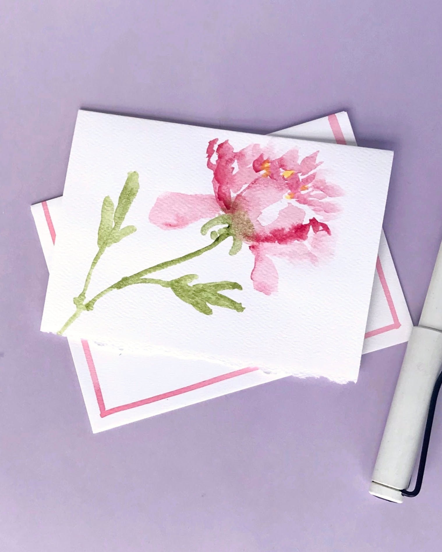 Hand painted watercolor Floral Cards Personalized; Pink Peony