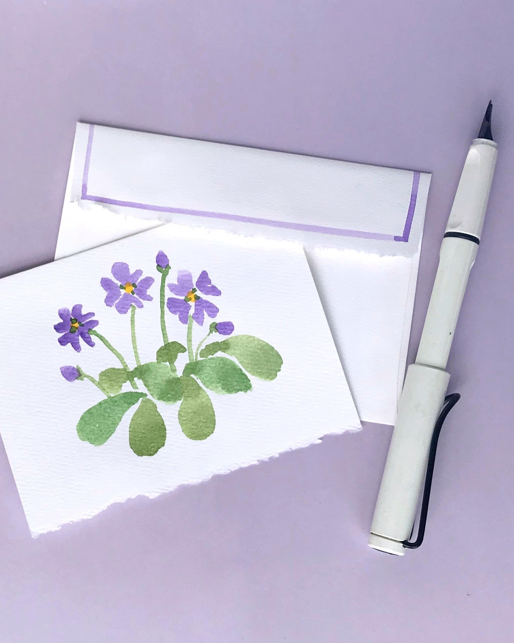 Hand painted watercolor Floral Cards Personalized; Purple Primrose