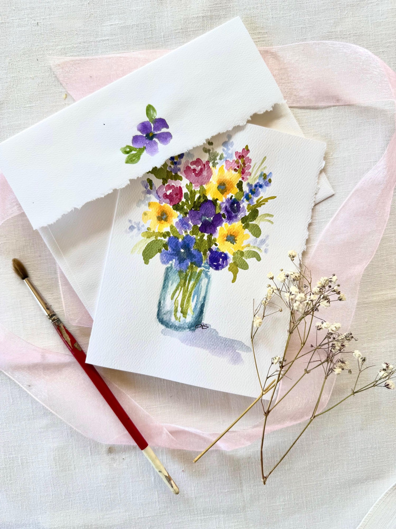 Hand Painted Watercolor Purple Flower Bouquet in Mason Jar