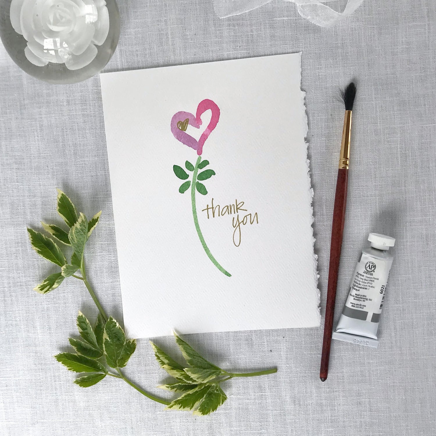 Thank You Card; Hand Painted and Hand Lettered Greeting Card with painted heart and foilage