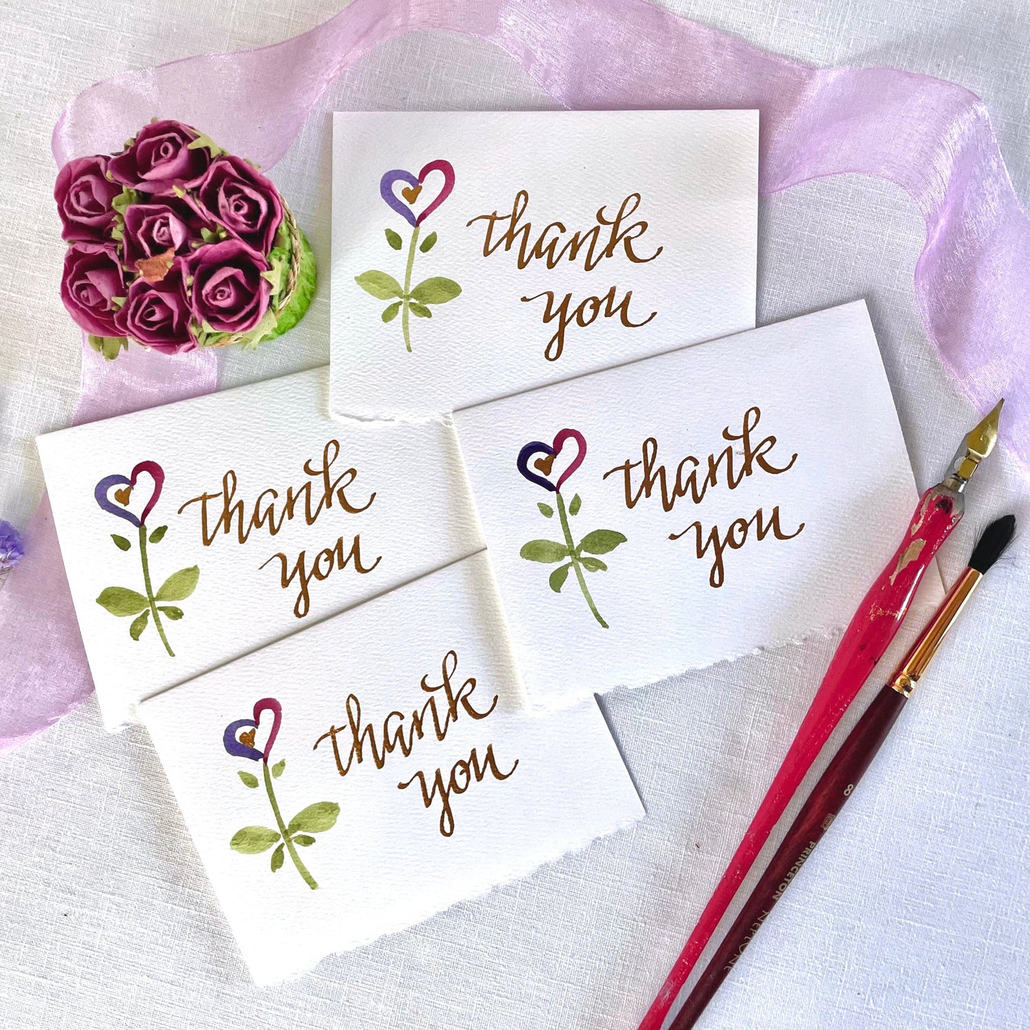 Thank You Notecards; Hand painted and Hand lettered 4 notecard set with matching hand painted envelopes