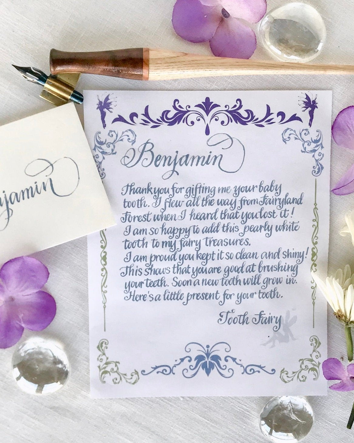 Personalized tooth fairy letter for a boy 
 in hand lettered calligraphy