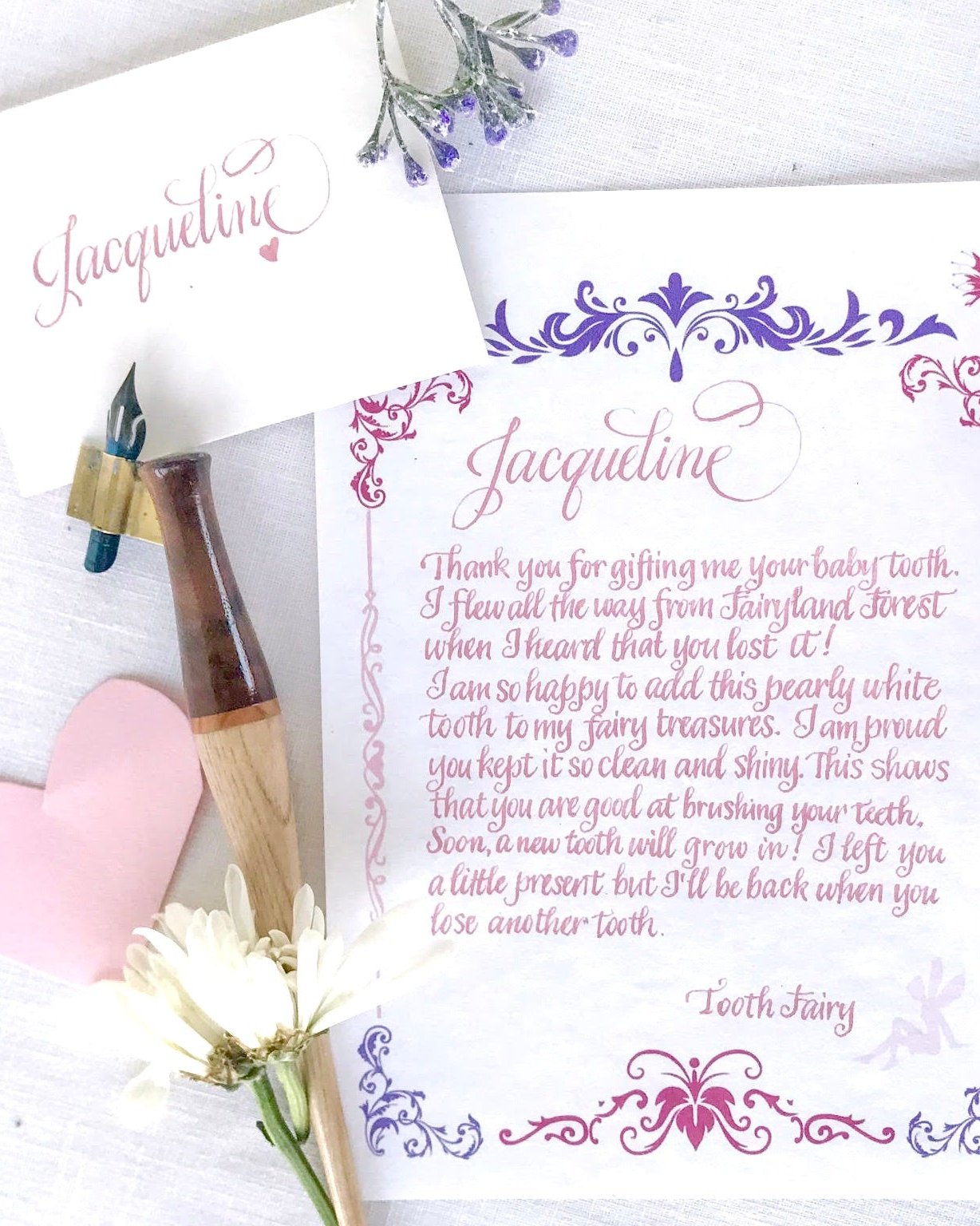 Personalized Girl's tooth Fairy Letter hand lettered in calligraphy