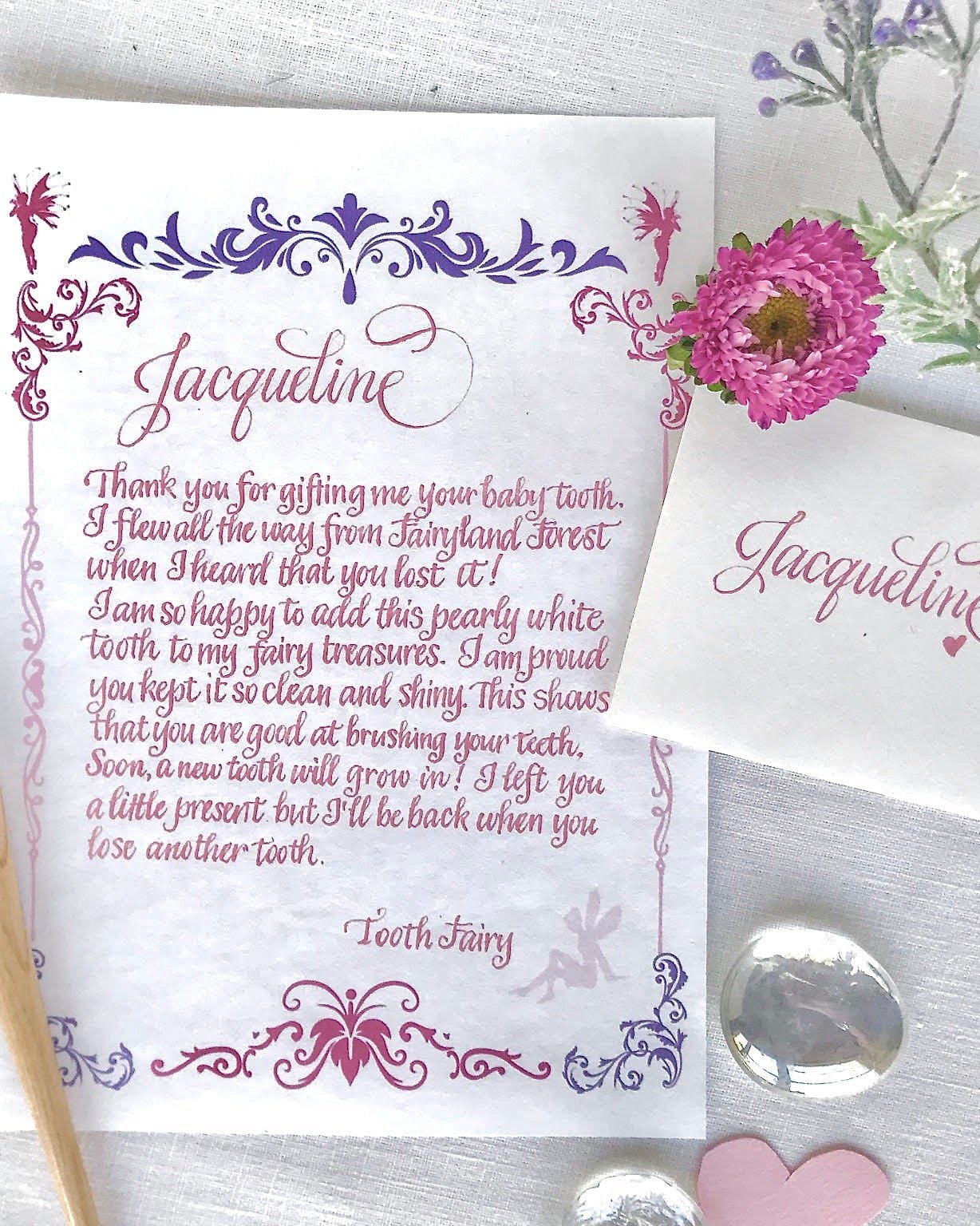 Personalized Girl's Tooth Fairy Letter hand lettered in Calligraphy