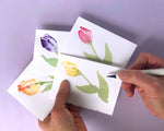 hand painted watercolor tulip notecards - pink, orange, purple, yellow