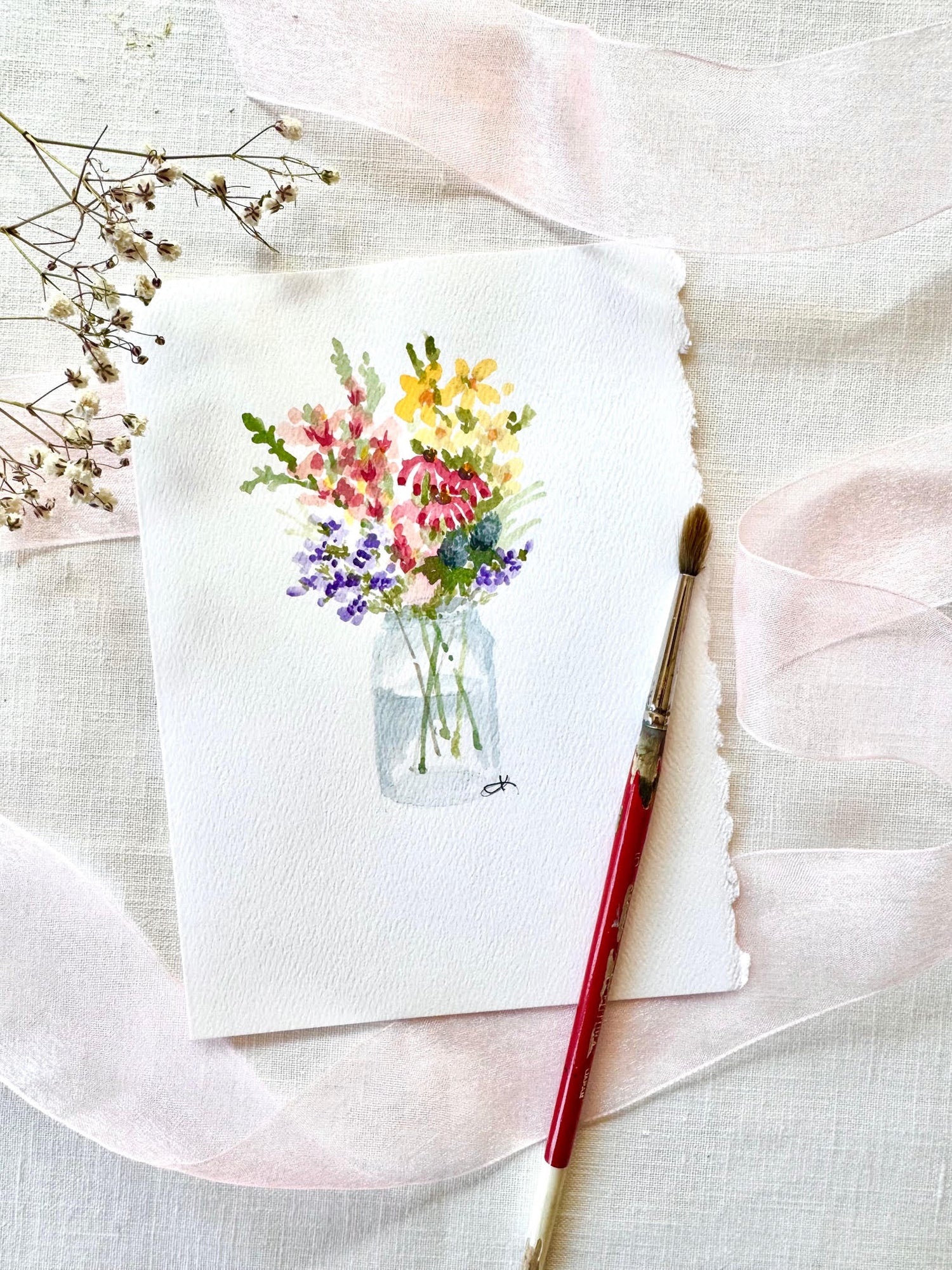 Hand Painted Watercolor Coral Flower Bouquet in Mason Jar