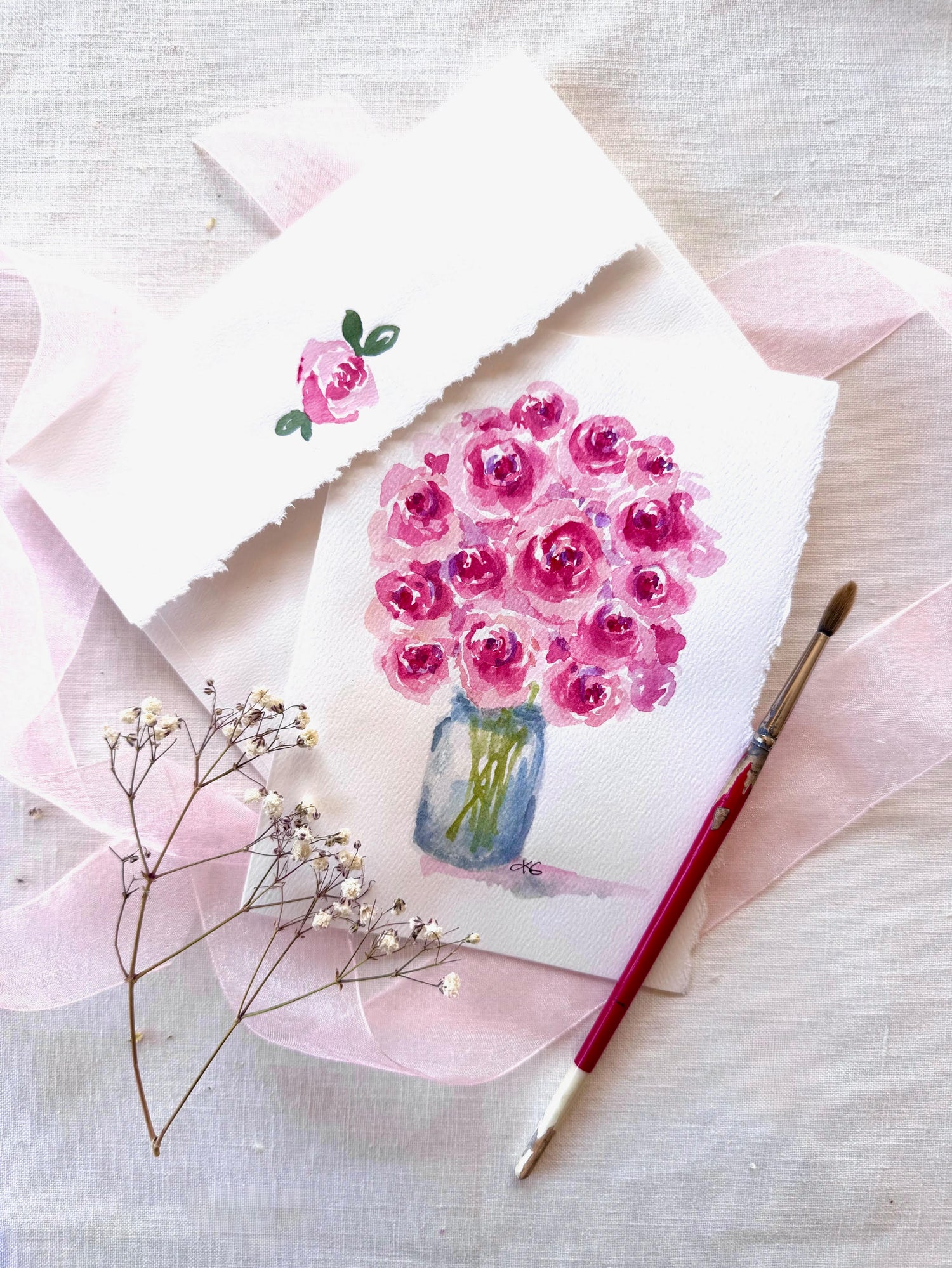 Hand Painted Watercolor Pink Roses in Mason Jar