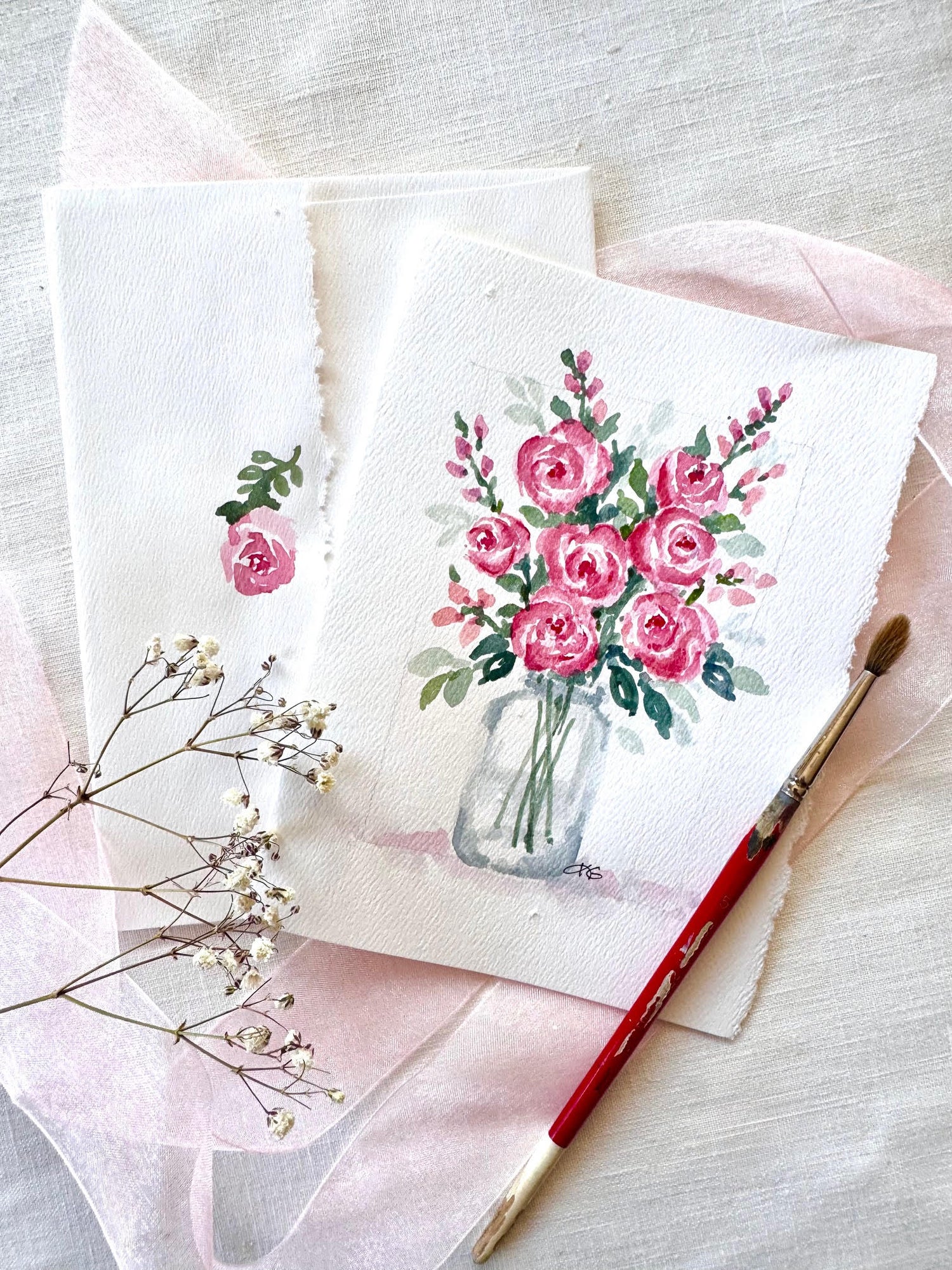 Hand Painted Watercolor Rose Bouquet in Mason Jar
