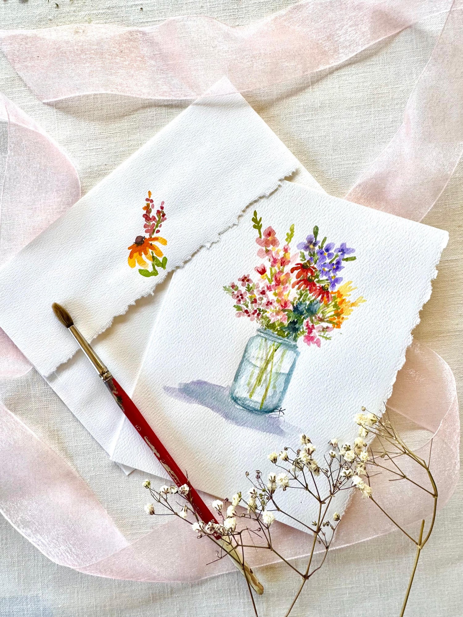 Hand Painted Watercolor Orange Floral Bouquet in a Mason Jar